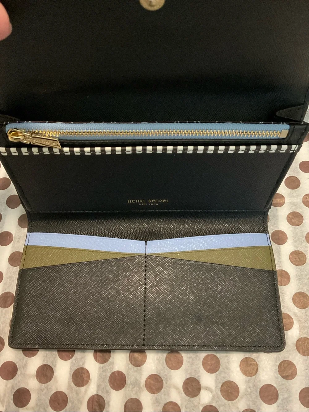Henri Bendel West 57th Trifold Wallet Light Blue, Black and Olive w Dust Bag